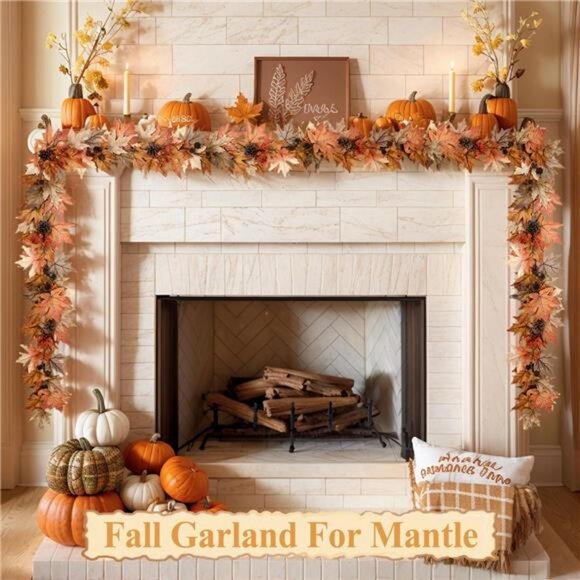 6 FT Fall Garland with Lights Timer Function Fall Leaves Garland with Berries - Picture 2 of 7